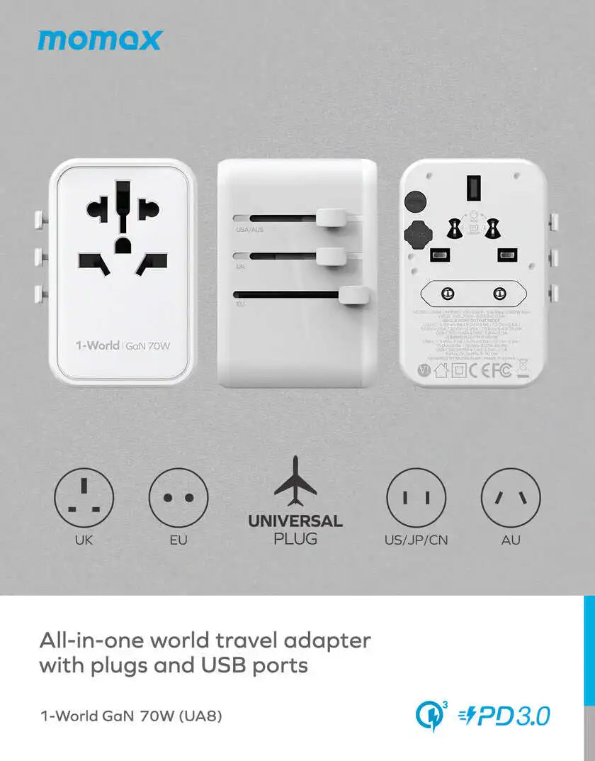 Momax 1-World UA8AU 70W travel adapter with UK, EU, US, AU plugs and USB PD fast charging ports