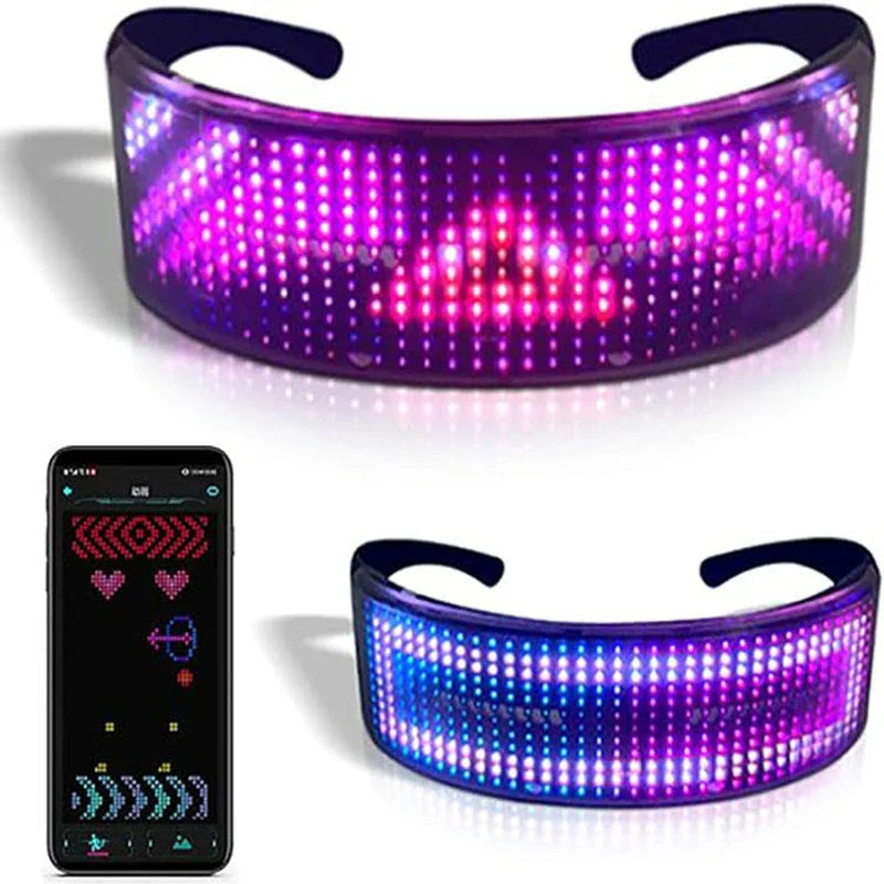 Programmable Bluetooth LED Glasses Party Wear with RGB display showing animated patterns, synced via smartphone app for events and parties.