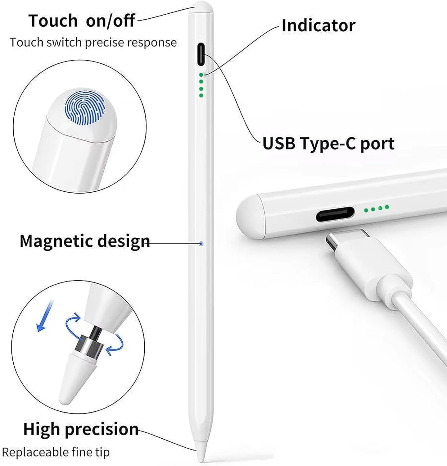 Universal Stylus Pen, Active Stylus Pen Compatible for iOS and Android Touchscreens/Phones, Rechargeable Stylus Pen with Dual To