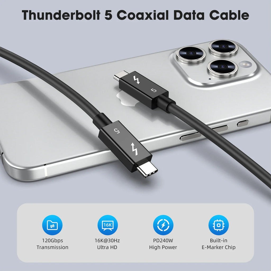 Thunderbolt 5 Full-Function Data Cable 0.5M 1M 2M PD 240w 16K 30Hz Video Output 120Gbps USB C to USB C Fast Charging USB5 Cable