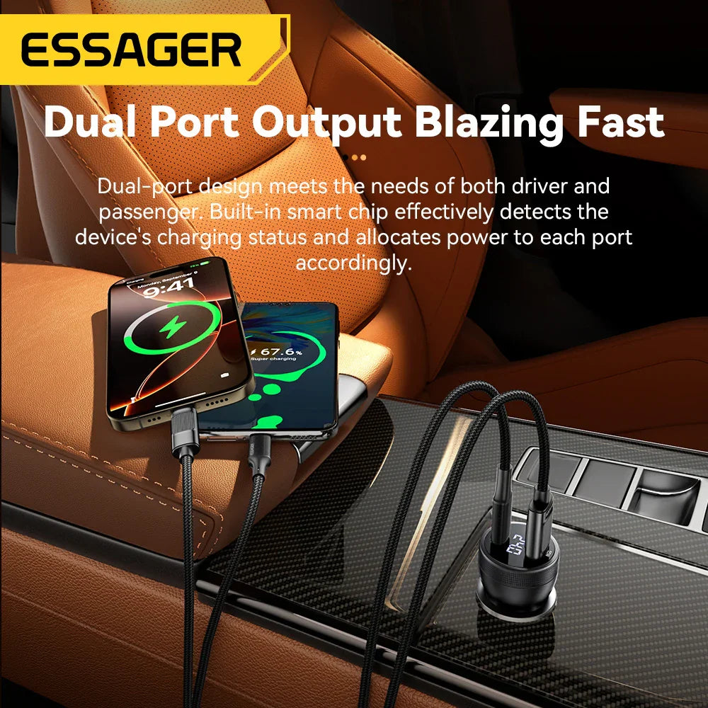 Essager 100W USB C car charger with dual-port fast charging in car interior