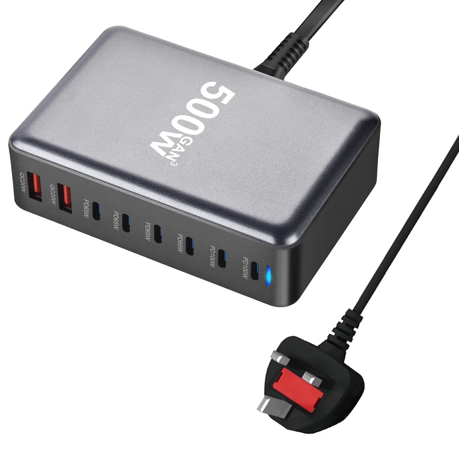 500W GaN Multi Charging PD Charger with 8 Ports USB Type-C and USB fast charging desktop power adapter