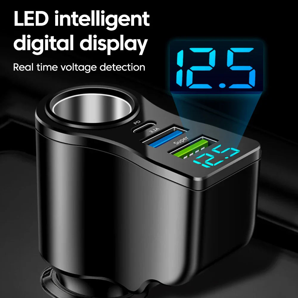 66W Fast Car Charger USB Type-C with LED intelligent digital display showing real-time voltage for accurate power monitoring.