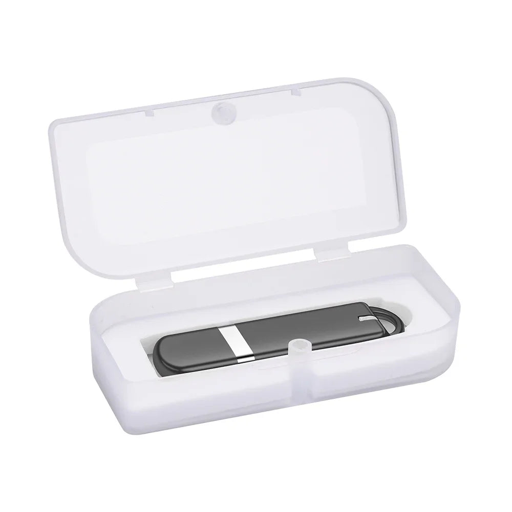 Black JASTER 64GB USB Flash Drive with USB 2.0 interface in a transparent gift box, perfect for corporate giveaways and long-term storage.