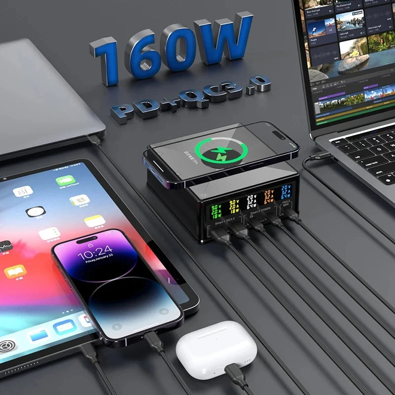 160W 6-Port USB Charger Station With Wireless Charging Digital Display Screen QC3.0 Quick Charge For iPhone 15 Pro Max 14 Xiaomi