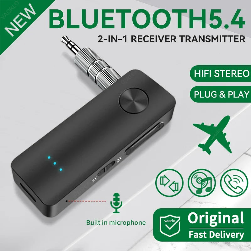 Bluetooth 5.4 audio receiver and transmitter adapter with 3.5mm AUX and built-in microphone for wireless stereo sound on car, airplane, TV, and PC