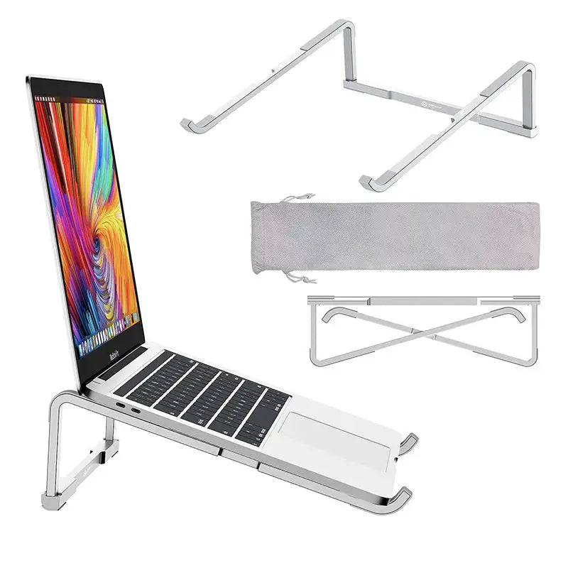 Foldable aluminum alloy laptop stand with adjustable height and carrying pouch
