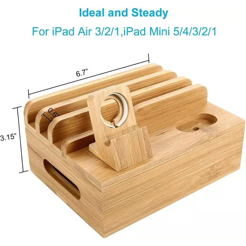 Compact bamboo charging station with dimensions labeled, showing slots for iPad Air and Mini models. Ideal for organized device storage.