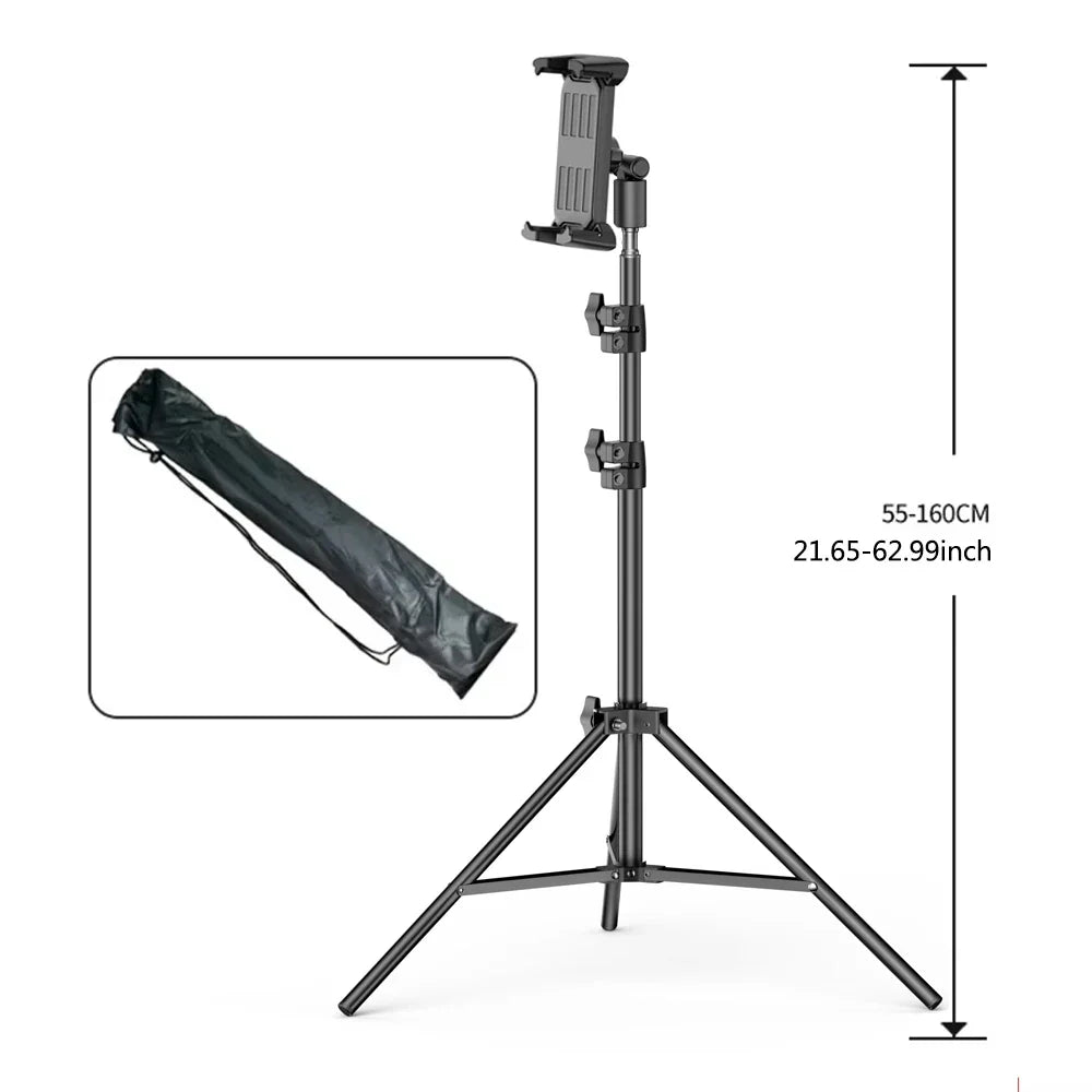 Adjustable carbon steel tripod floor tablet stand with carry bag for 4-13 inch tablets