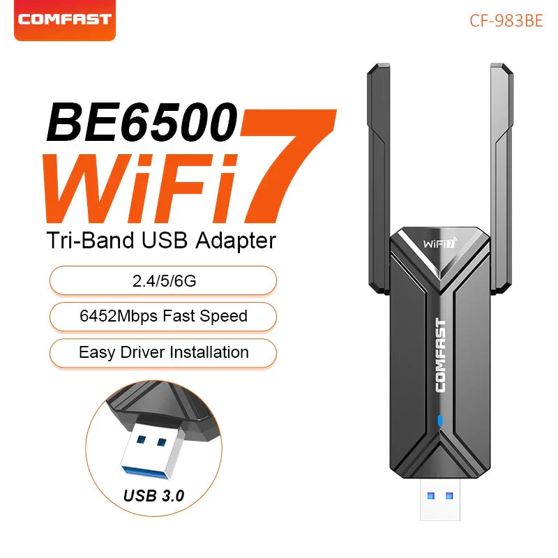 Comfast BE6500 WiFi 7 Tri-Band USB Adapter with 6452Mbps speed and USB 3.0 for fast wireless connection