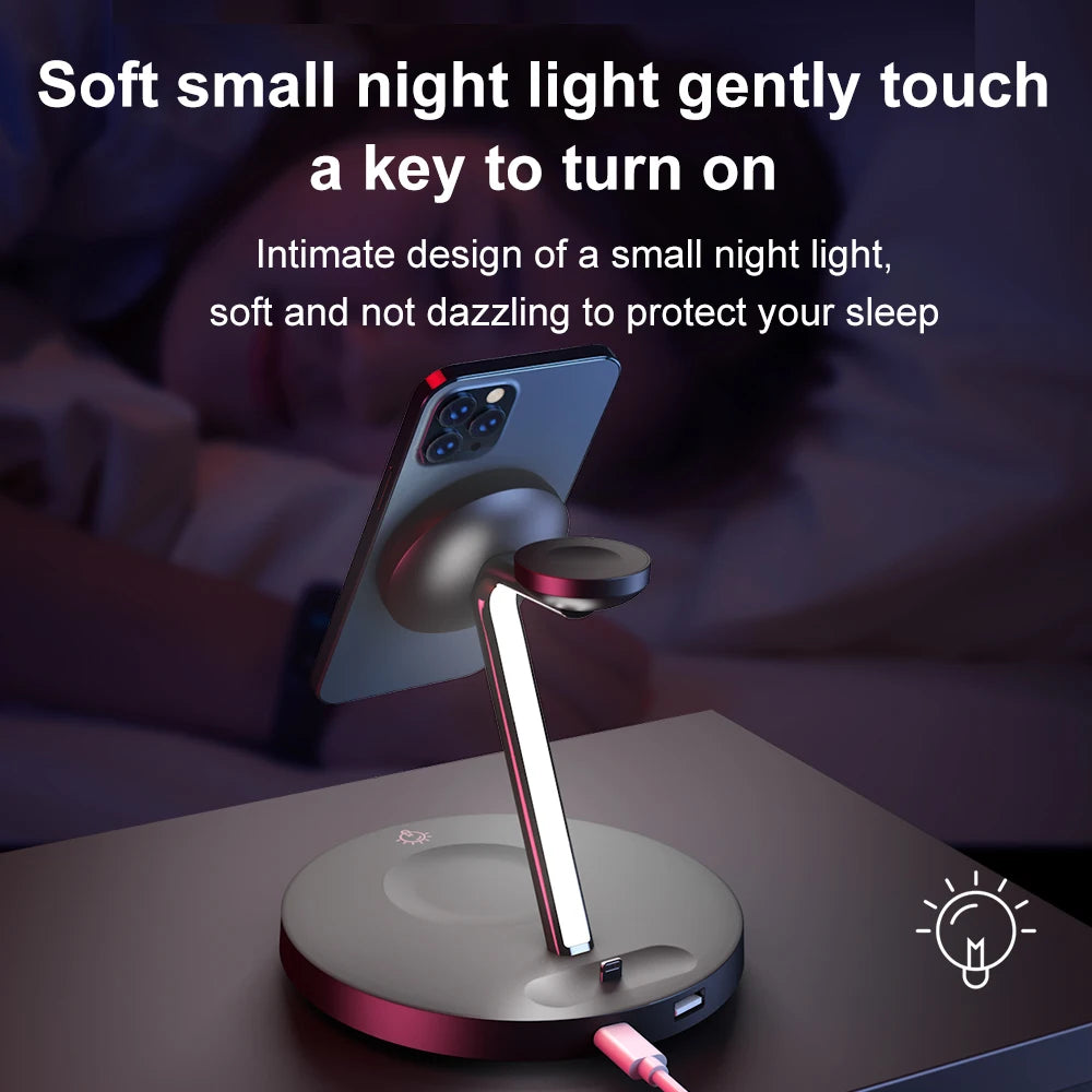 4 in 1Wireless charger for iphone 16 15 pro max magnetic phone charger holder for iwatch airpods pro 2 3 4 with LED Night Light