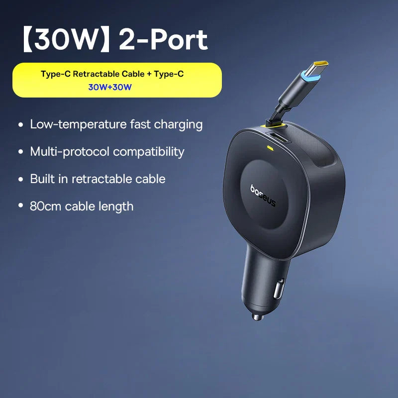 Baseus Car Charger 30W 2-port with built-in retractable Type-C cable fast charging