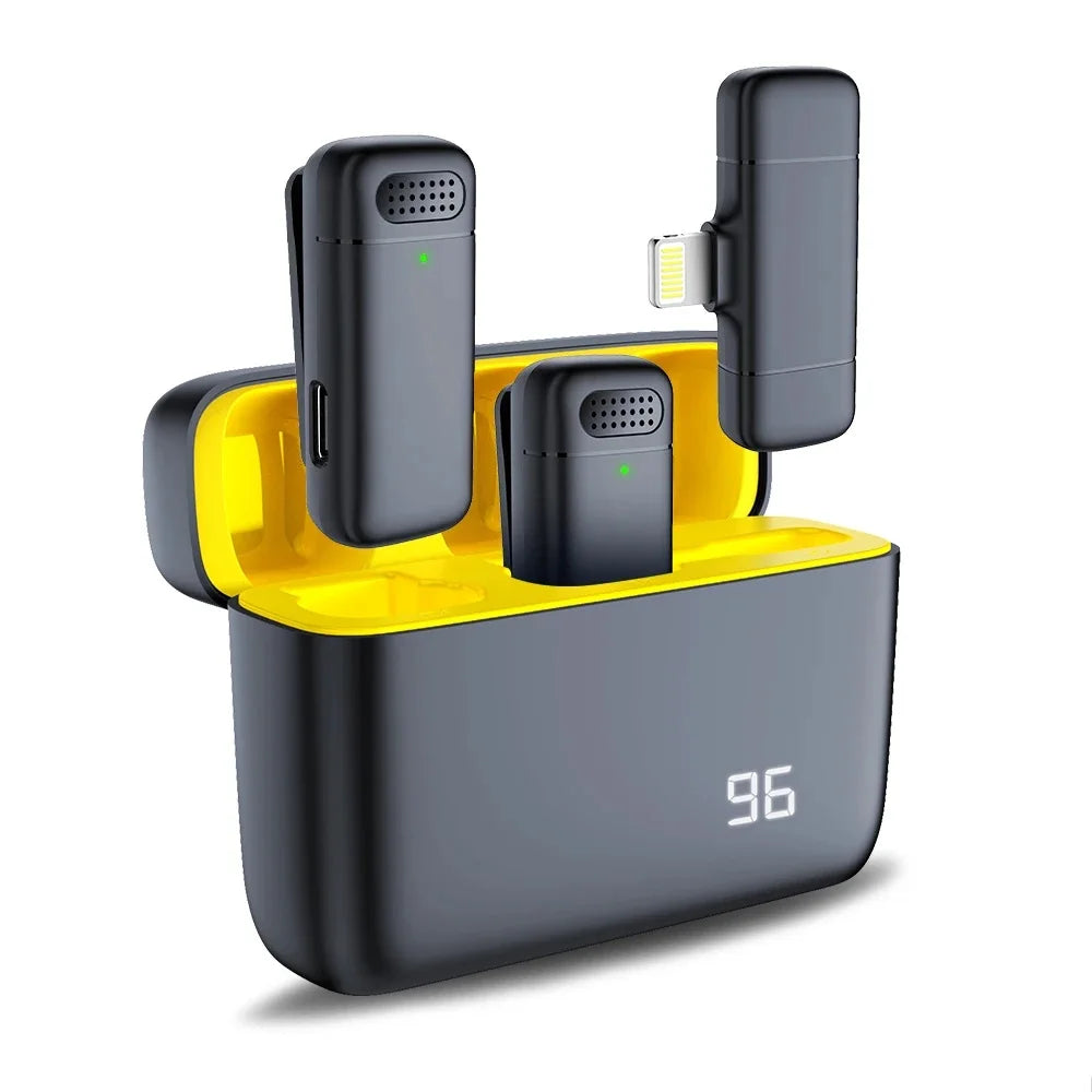 Wireless stereo lavalier microphone with charging case and noise cancelling for live interviews