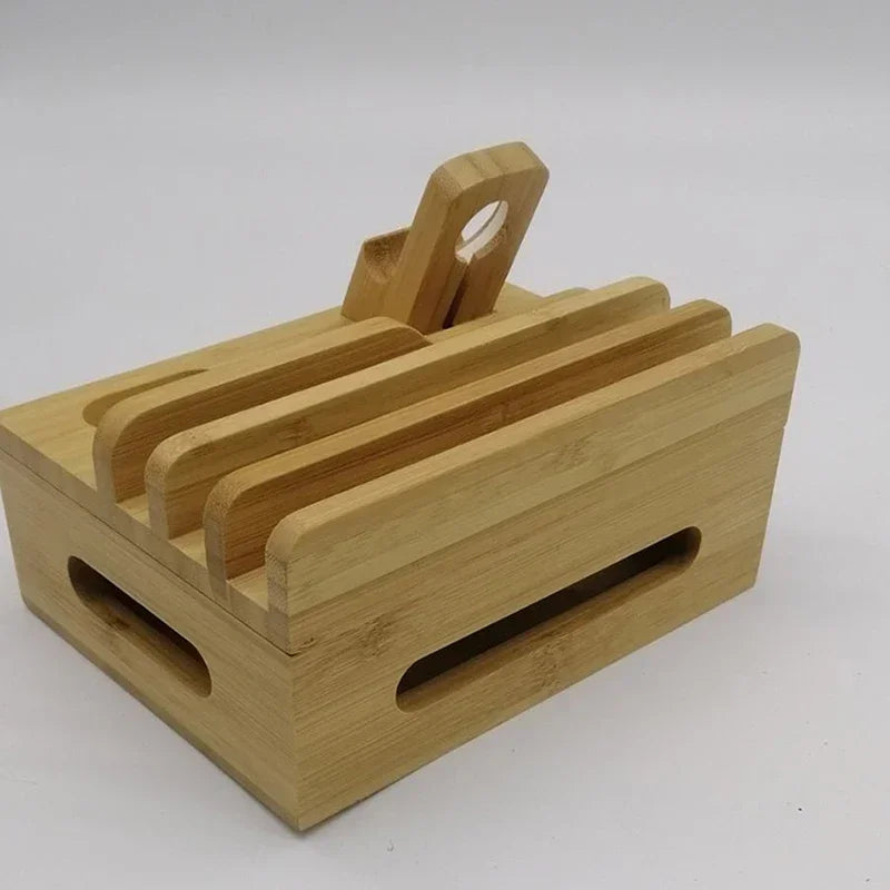 Rear view of bamboo charging station organizer showing cable management slots. Durable bamboo construction with sleek, natural look.