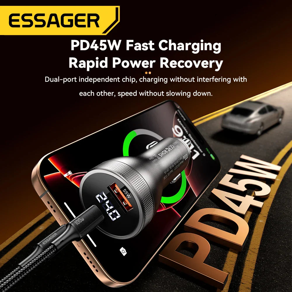 Essager 100W USB C car charger with PD3.0 fast charging and digital display for iPhone and laptops