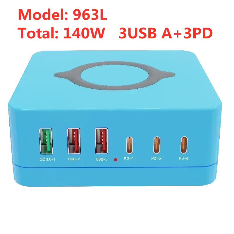 160W multi ports USB GaN charger station with wireless charging and digital display in blue