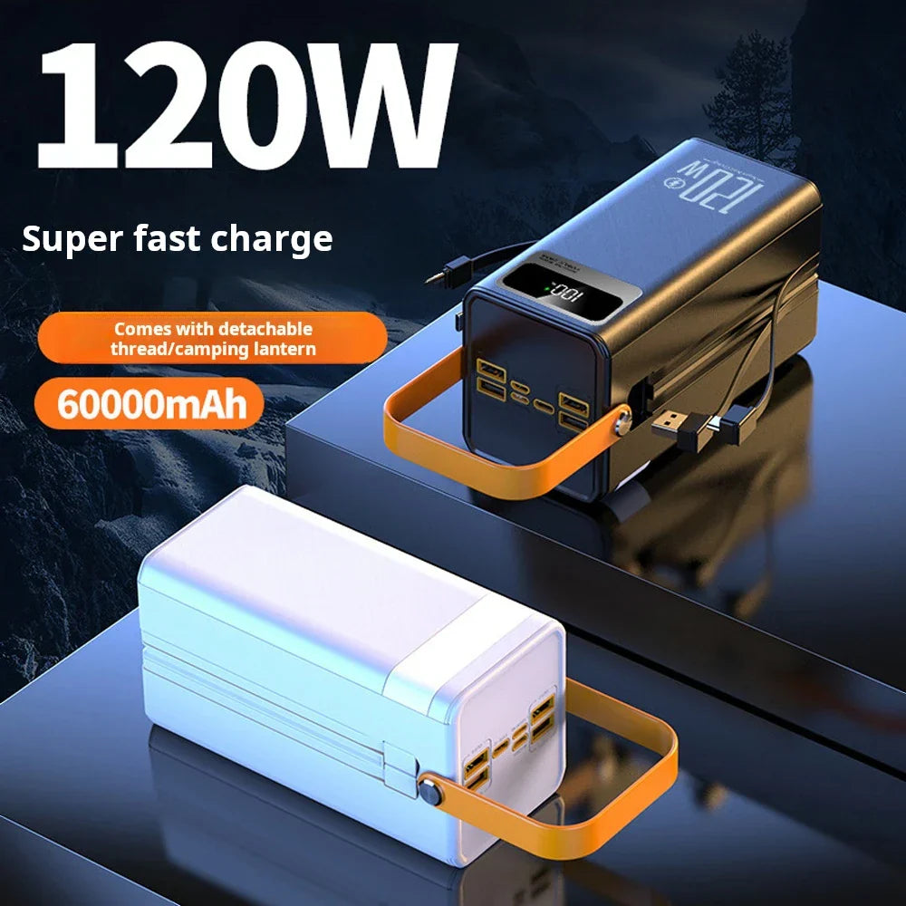 60000mAh portable power bank with 120W fast charging and detachable camping lantern handle in black and white