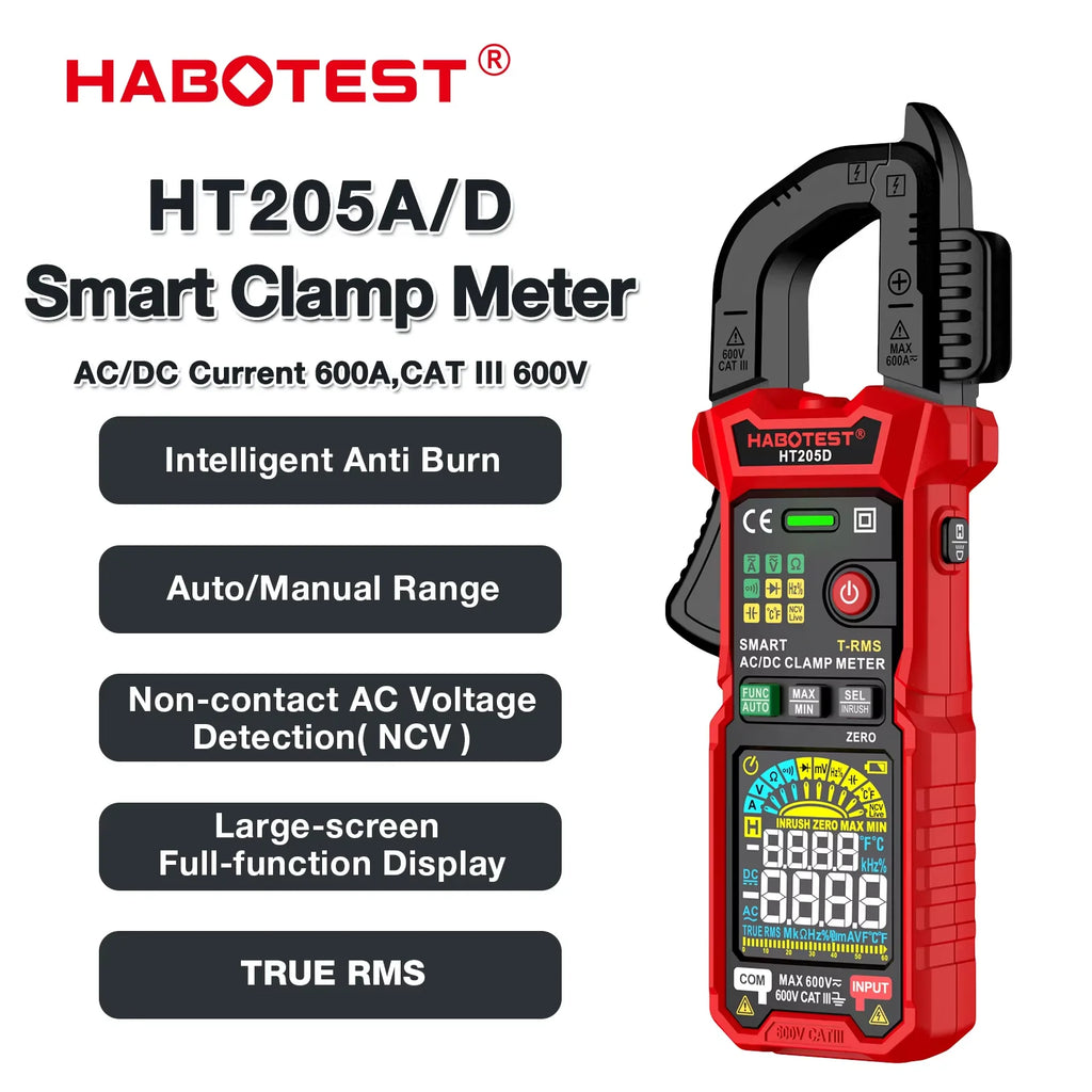 HABOTEST HT205A/D Clamp Meter Auto Range True RMS NCV DC AC Voltage Inrush Current Temperature Tester Automatic Voltmeter