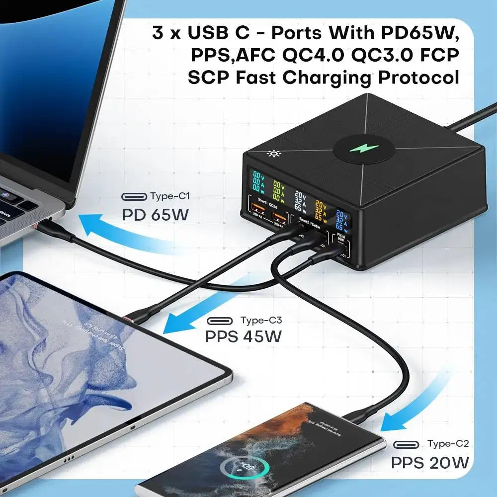 160W 6-Port USB Charger Station With Wireless Charging Digital Display Screen QC3.0 Quick Charge For iPhone 15 Pro Max 14 Xiaomi