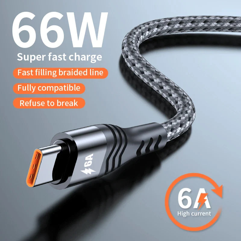 66W USB Type-C Data Cable 6A Super Fast Charging Cable Suitable for iphone 15 Huawei Oppo Xiaomi Vivo Braided Charging Cable