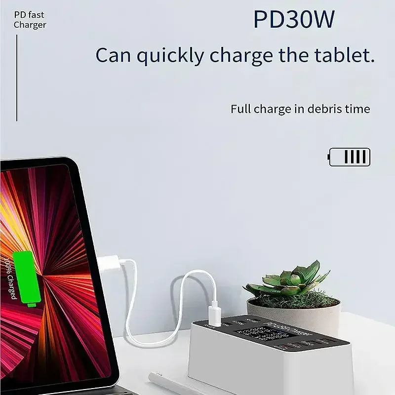 A9 65W 8-Port USB PD Charger 4USB-A+4USB-C PD Fast Charging Desktop Charging Station EU Plug US Plug with 1.2M Long AC Cable