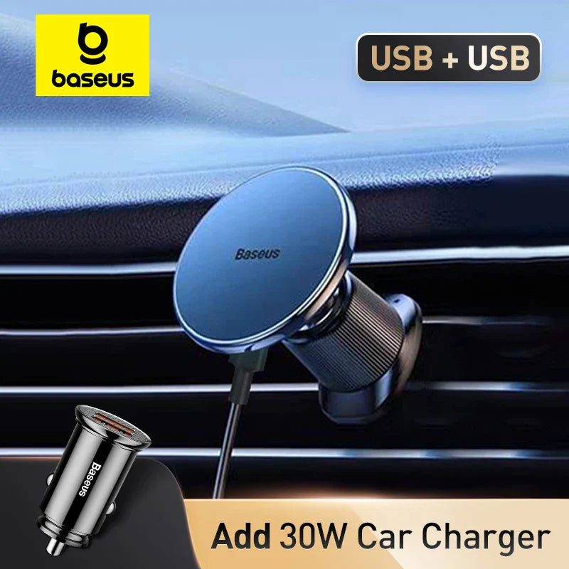 Baseus Magnetic Wireless Charger car phone holder with 15W fast charging and 30W car charger adapter in black design