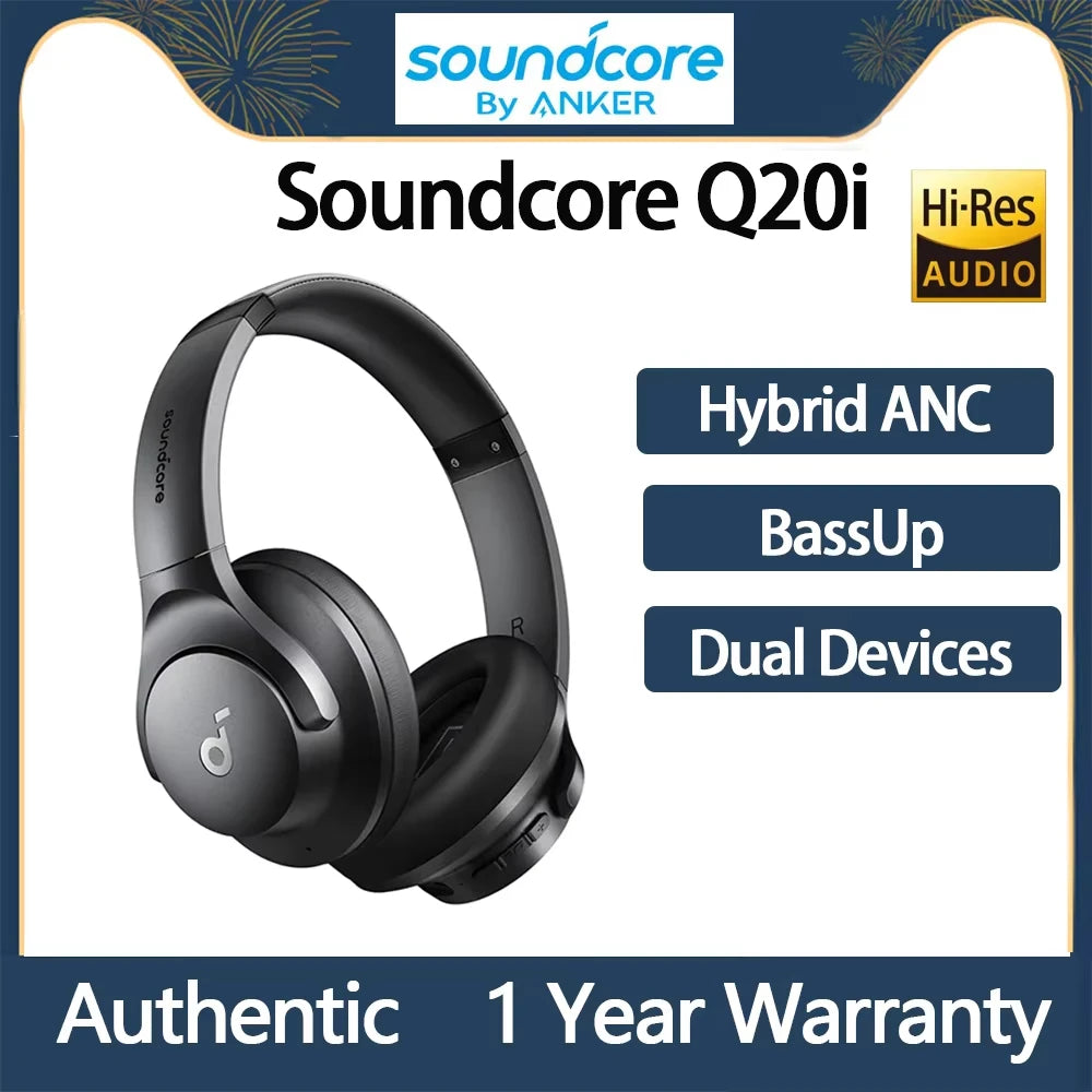 Soundcore by Anker Q20i Hybrid Active Noise Cancelling Headphones, Wireless Over-Ear Bluetooth, 40H Long ANC Playtime, Hi-Res