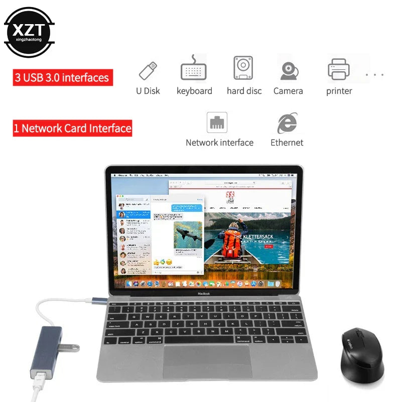 USB 3.0 Type C to 3-Port USB 3.0 Hub Docking Station with RJ45 100/1000 Gigabit Ethernet Network Adapter LAN Wired Converter