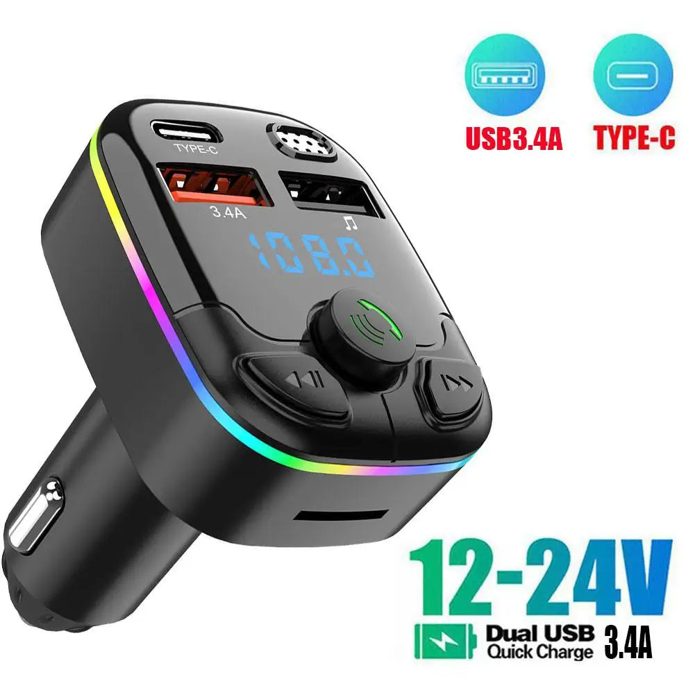 Bluetooth 5.0 Car FM Transmitter with USB & Type-C Charger featuring dual USB ports, LED display, and ambient lighting for 12-24V vehicles.