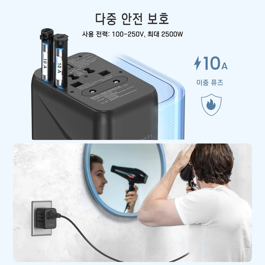 LENCENT Universal Travel Adapter with 3 USB ports and Type-C PD charging, supports 100-250V, 2500W, dual fuse safety, compact design, compatible with EU/UK/USA/AUS plugs.