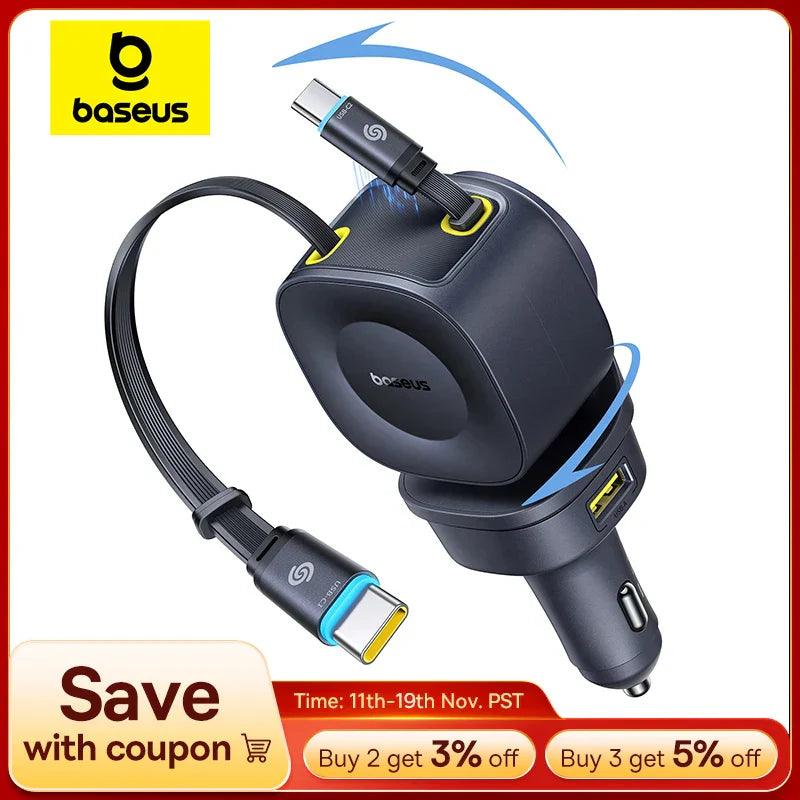 Baseus Car Charger 4-port USB Type-C fast charging car adapter with retractable cables in cosmic black