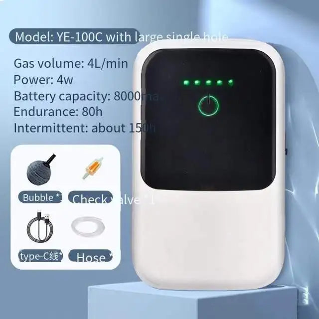 Rechargeable aquarium air pump with 4L/min gas volume, 8000mAh battery, 4W power, and touch screen control for outdoor fishing and aquarium use