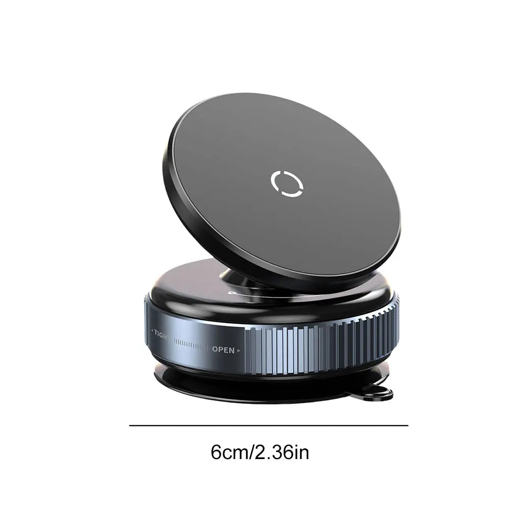 Black Magsafe Car Phone Holder with 6cm diameter, featuring a vacuum lock base and 360° rotation for stable phone mounting.