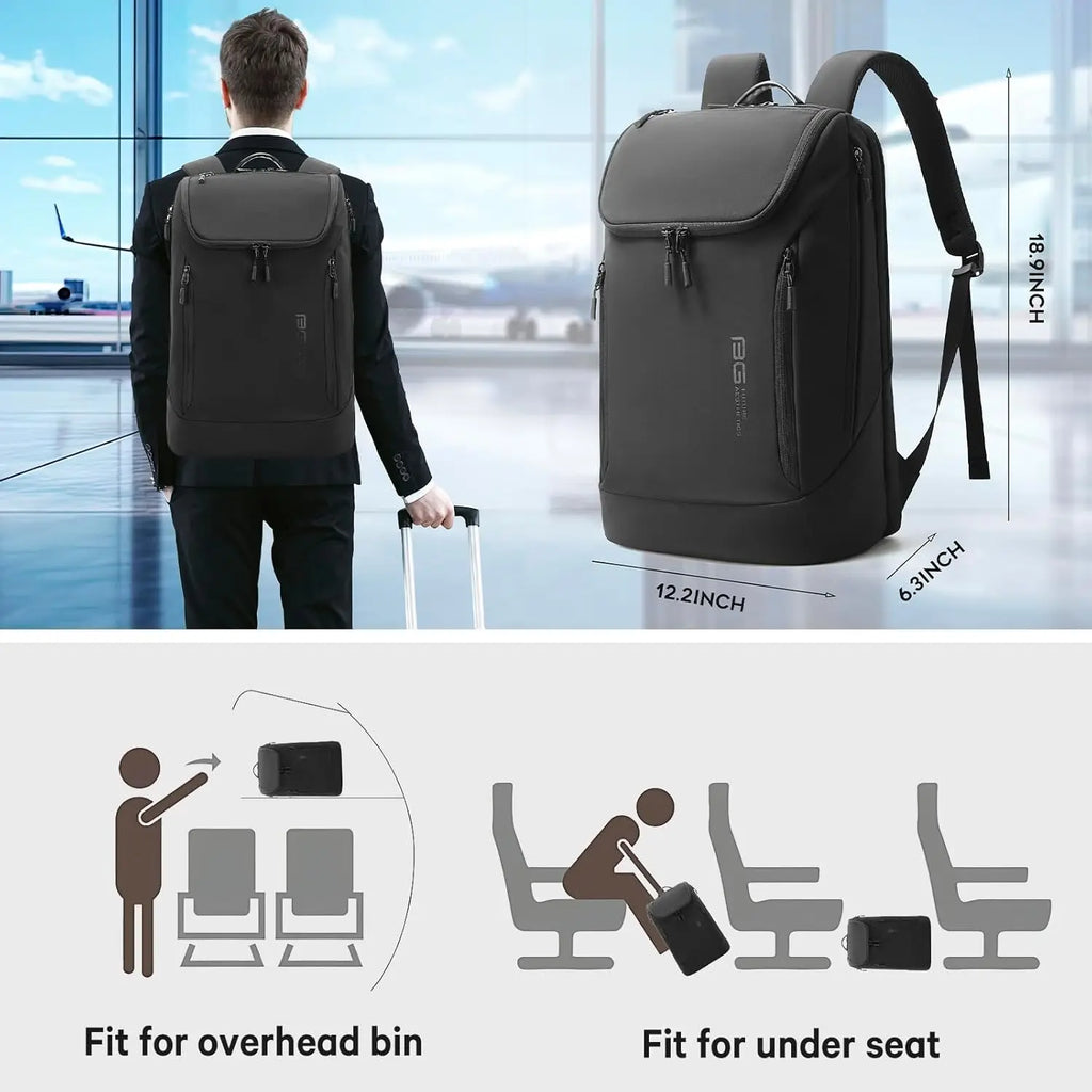 BANGE Mens Laptop Backpack shown in airport, highlighting dimensions and travel convenience for overhead bin and under seat.