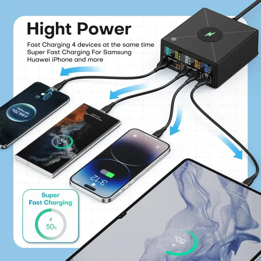 160W 6-Port USB Charger Station With Wireless Charging Digital Display Screen QC3.0 Quick Charge For iPhone 15 Pro Max 14 Xiaomi