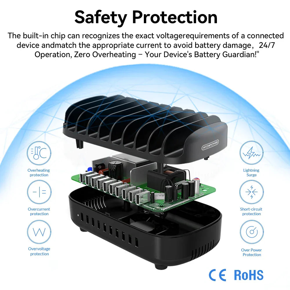 120W fast charging station with 10 USB ports, cooling fan, and safety protections for multiple devices