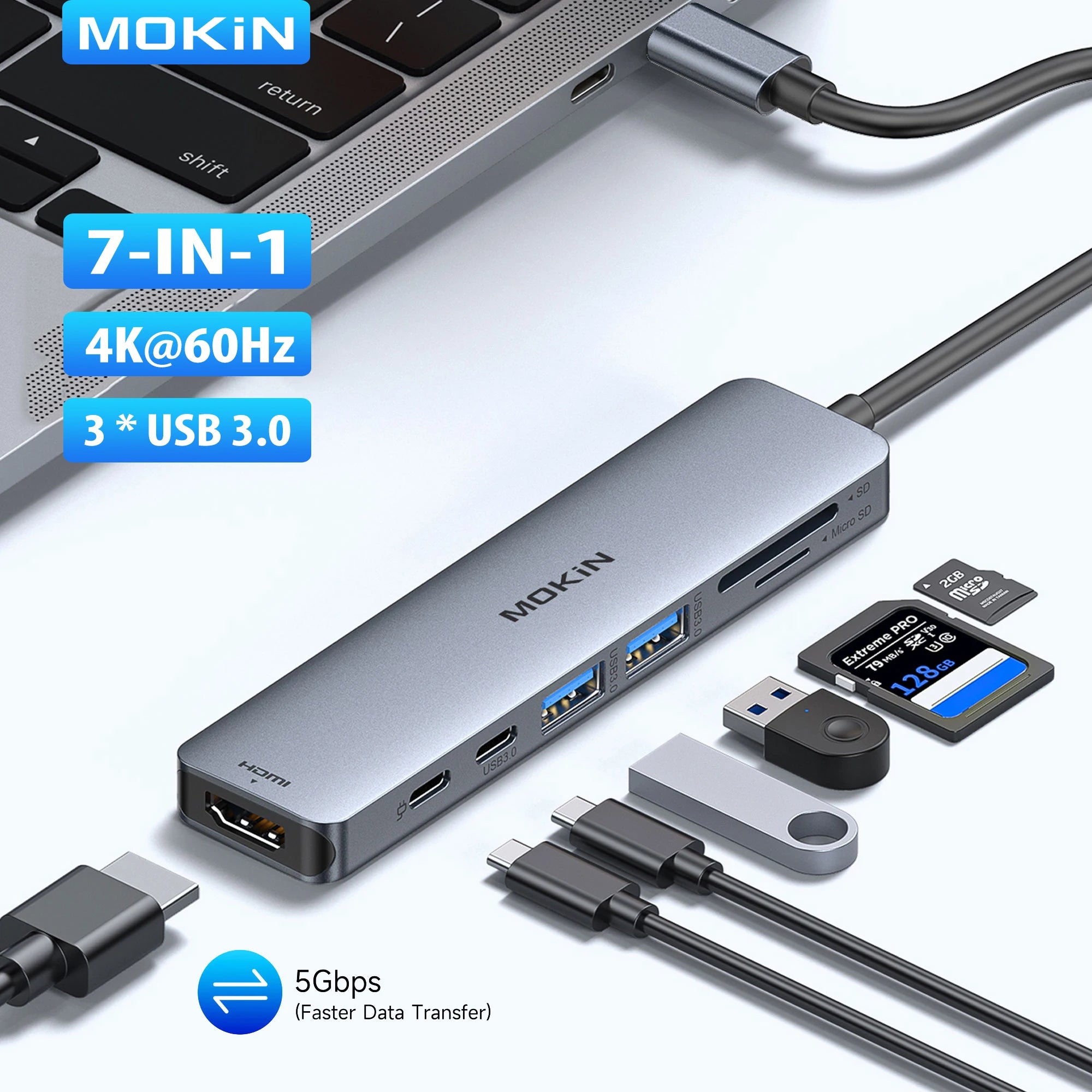 USB-C Hub,7 in 1 USB C to 4K60Hz HDMI Splitter,MOKiN Hub Type C to USB Adapter,Docking Station with 3*USB Port,SD&TF,for laptops