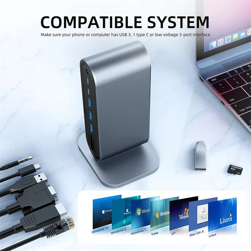 USB C 3.0 HUB docking station with multi-port connectivity including HDMI, VGA, RJ45 Ethernet, USB ports, and SD card slots compatible with various operating systems.