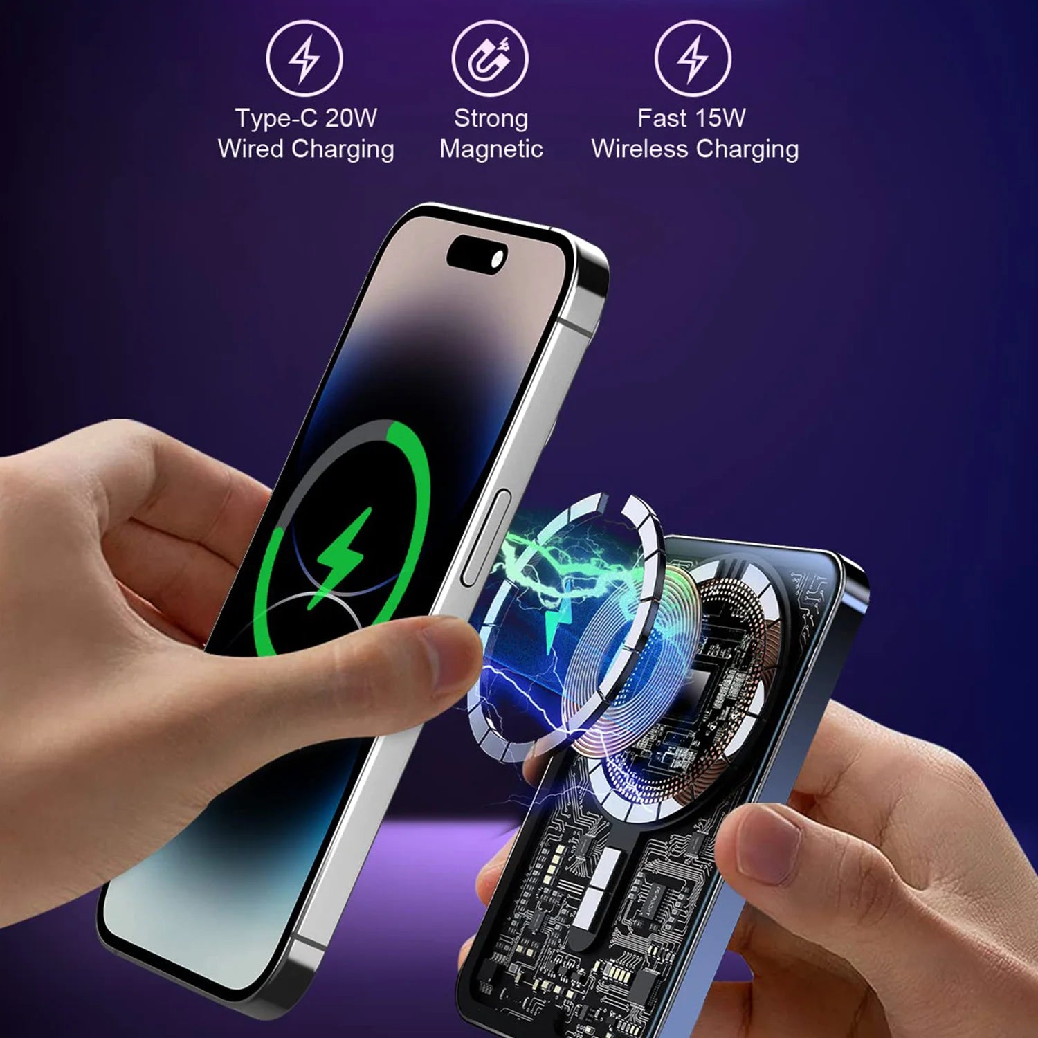 HINOVO Cyberpunk 5000mAh Magnetic Wireless Power Bank Transparent Charger 20W PD Fast Charging MagSafe Battery USB-C for iPhone