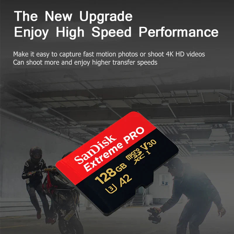 SanDisk V30 Micro SD Extreme PRO 128GB memory card with 200MB/s speed for 4K HD video recording and fast data transfer.