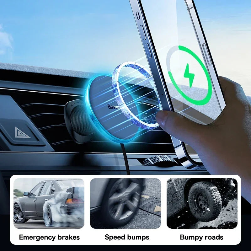 Baseus Magnetic Wireless Charger 15W fast charging car phone holder for iPhone with magnetic mount and ambient light ring