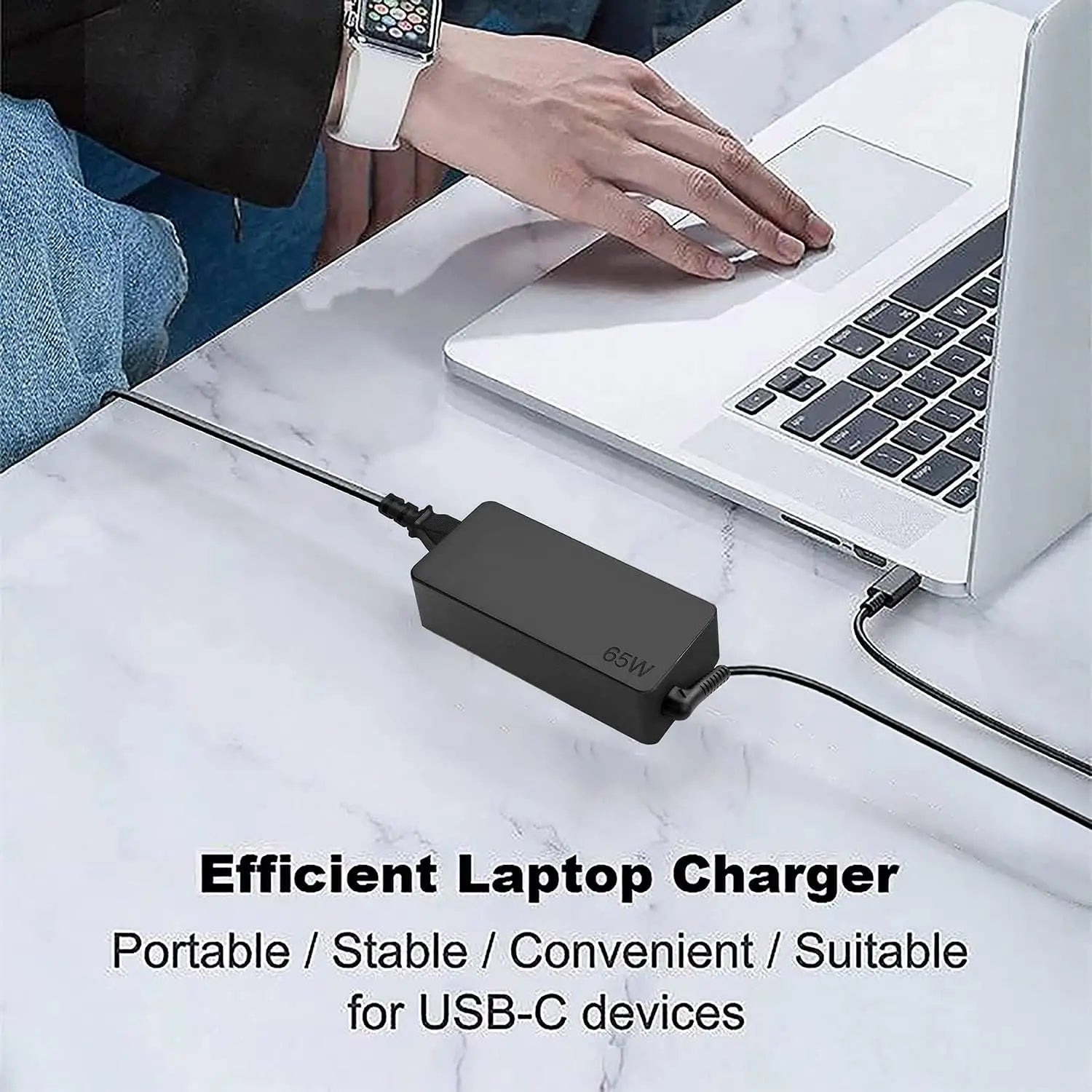 65W USB-C laptop charger connected to silver laptop on white desk with text efficient laptop charger portable stable convenient suitable for USB-C devices