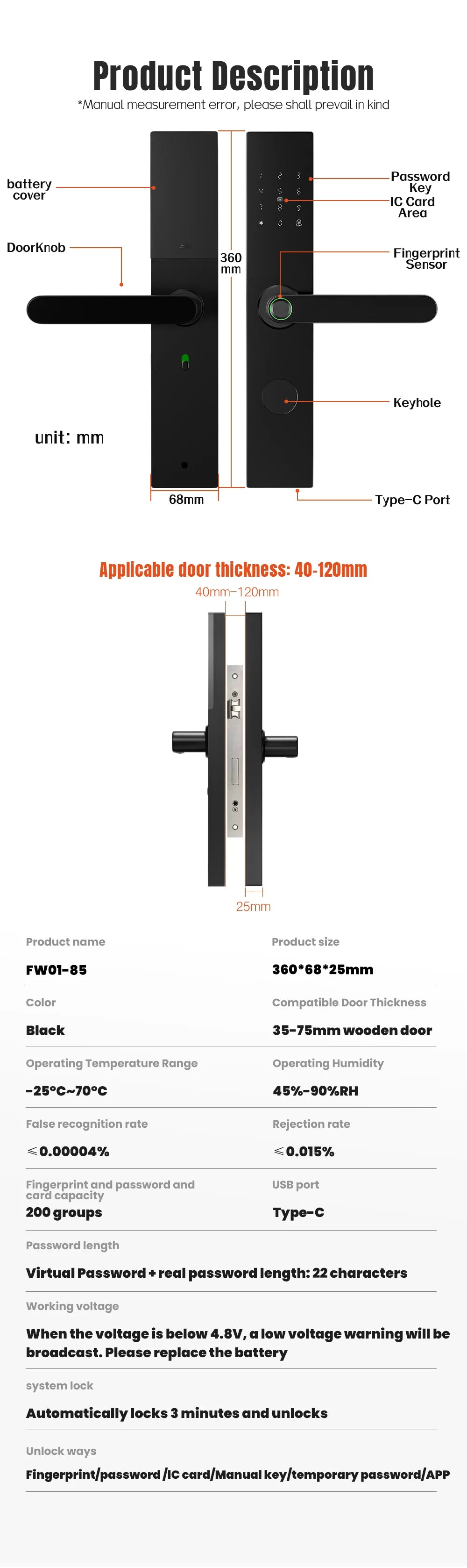 Wifi Smart Fingerprint Door Lock Digital Electronic Lock Fingerprint/IC Card/Password/Key/APP Remote Unlock Work with Alexa