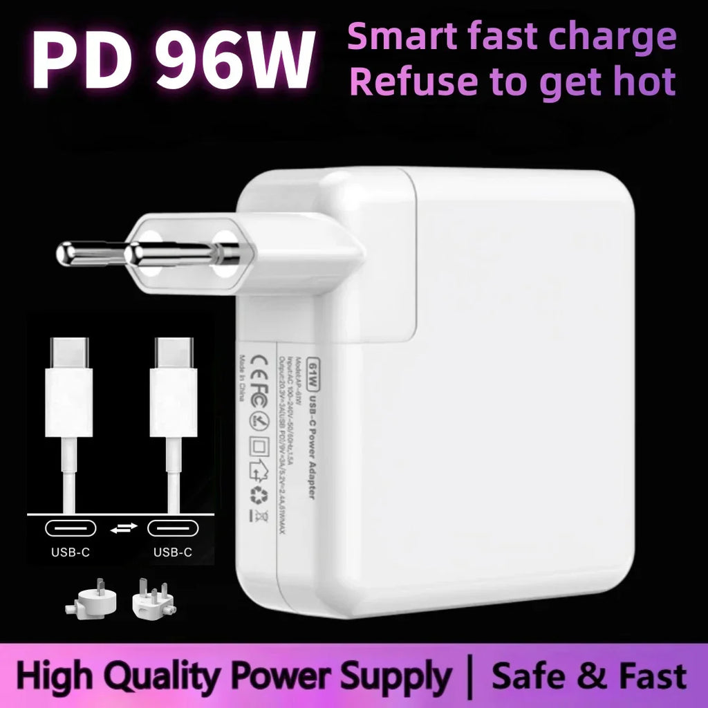 96W USB-C MacBook charger fast power adapter with EU plug and smart temperature control