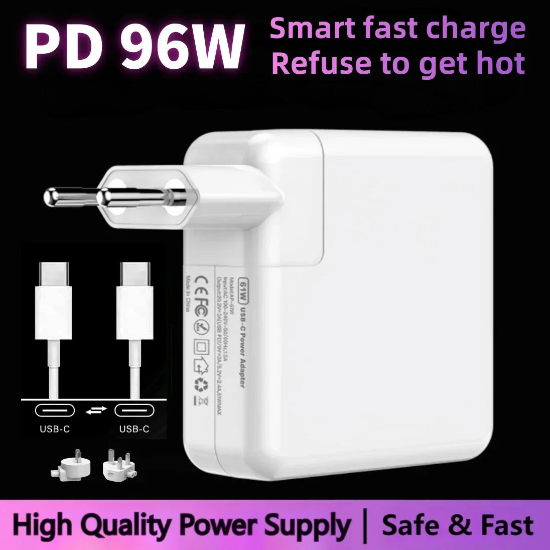 96W USB-C MacBook charger fast power adapter with EU plug and smart temperature control