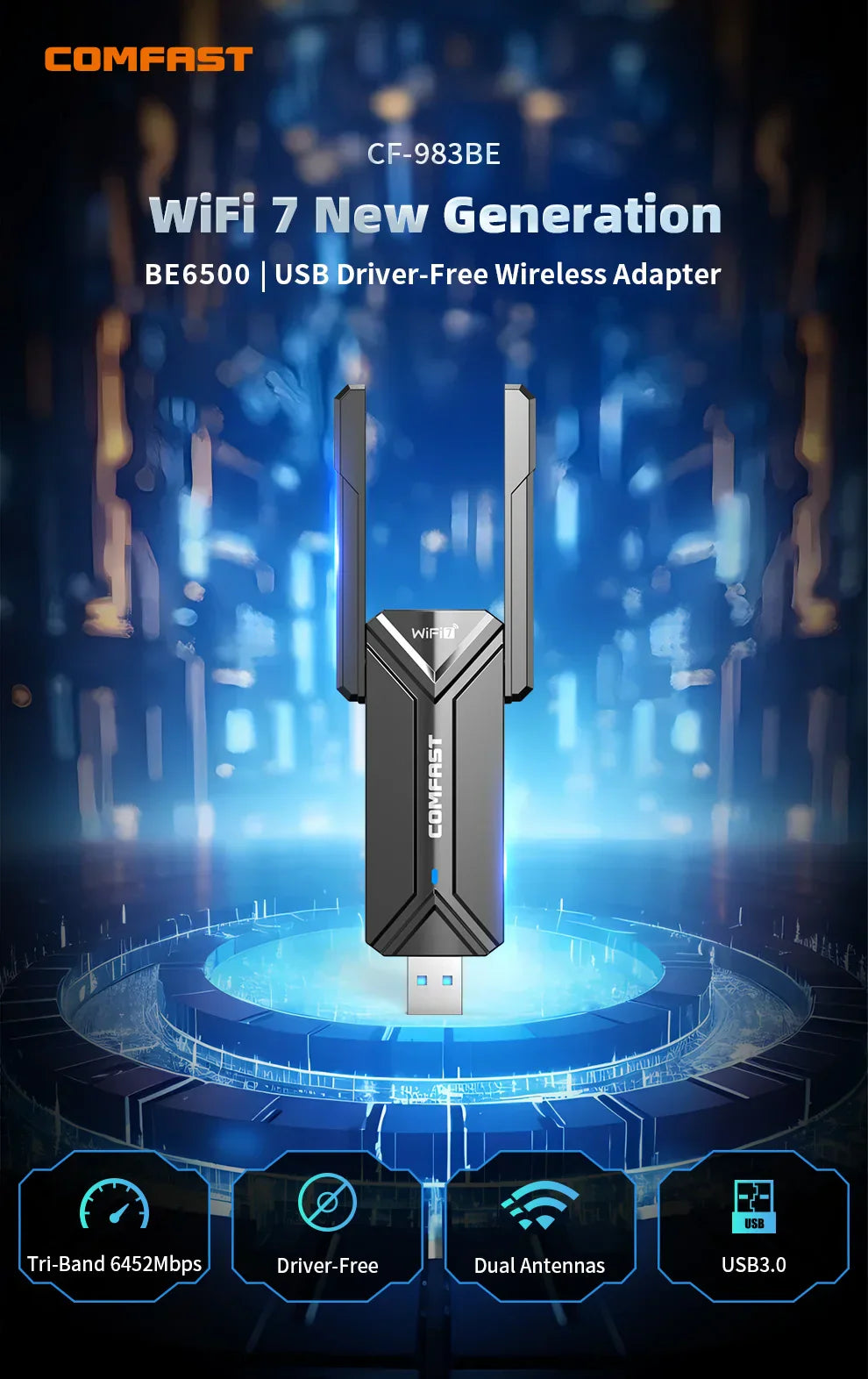 COMFAST WiFi 7 USB Adapter CF-983BE with tri-band 6452Mbps, driver-free, dual antennas, USB 3.0 wireless network card for Windows 10/11