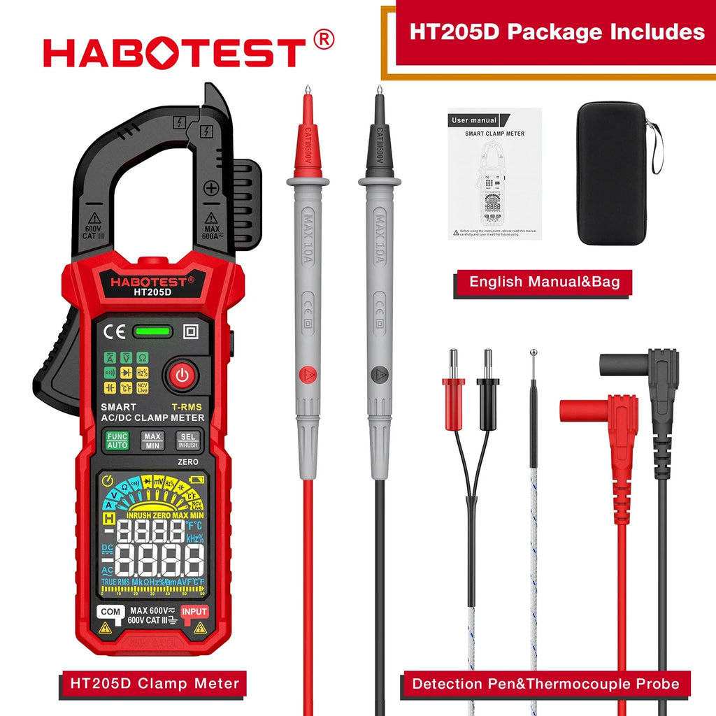 HABOTEST HT205A/D Clamp Meter Auto Range True RMS NCV DC AC Voltage Inrush Current Temperature Tester Automatic Voltmeter