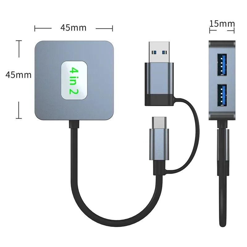 Compact USB C 3.0 HUB with 4 in 2 ports, including USB Type-C and USB 3.0, measuring 45x45x15mm.