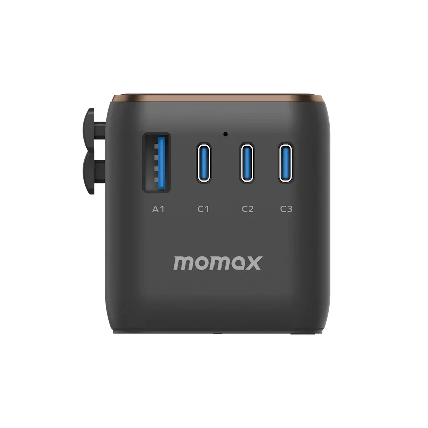 Momax Universal Power Adapter 170W GaN fast charger with USB-A and three USB-C ports for travel and multiple devices.