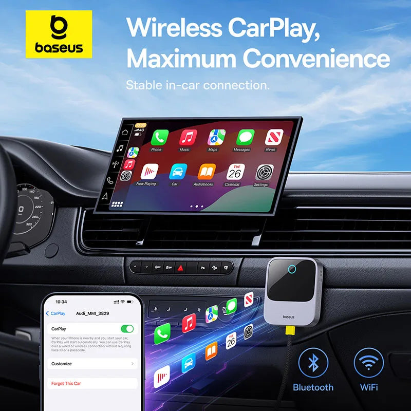 Baseus wireless CarPlay adapter plugged into car USB port showing Bluetooth and WiFi connectivity with car infotainment screen displaying CarPlay interface